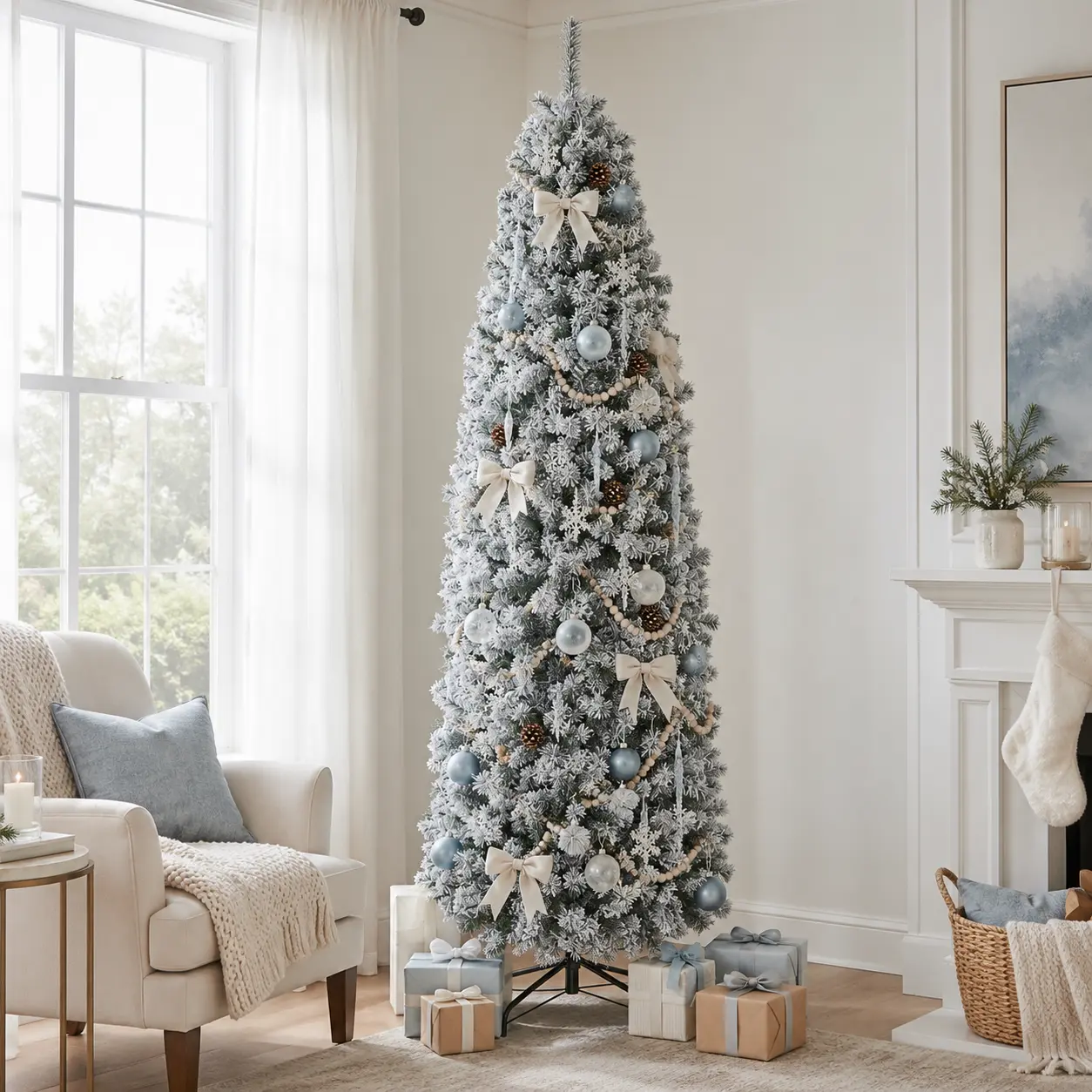 Costoffs 6/7.5/9 FT Flocked Pencil Christmas Tree with Warm Pre-lit Lights, Artificial Snowy Fir Tree for Cozy Holiday Living Room Decor, Stand Included