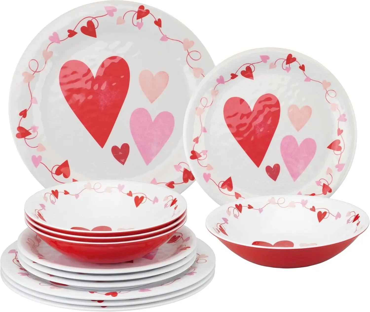 Supreme Housewares Hearts 12-Piece Melamine Dinnerware Set, Includes Dinner Plates Salad Plates Bowls Service for 4