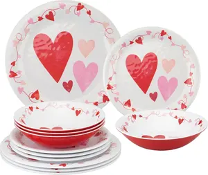 Supreme Housewares Hearts 12-Piece Melamine Dinnerware Set, Includes Dinner Plates Salad Plates Bowls Service for 4