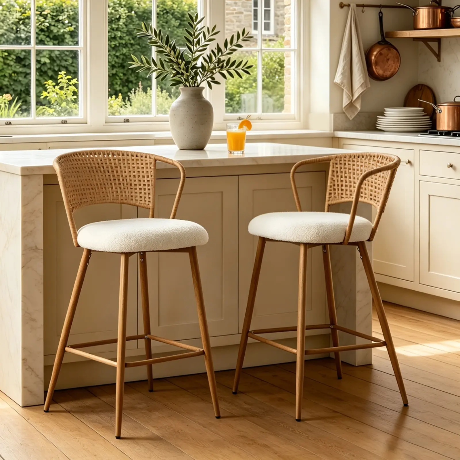 Rattan Counter Height Bar Stools,Upholstered Boucle Fabric Barstools with PE Rattan Cane Back, Bar Chairs Counter Stools for Kitchen Island