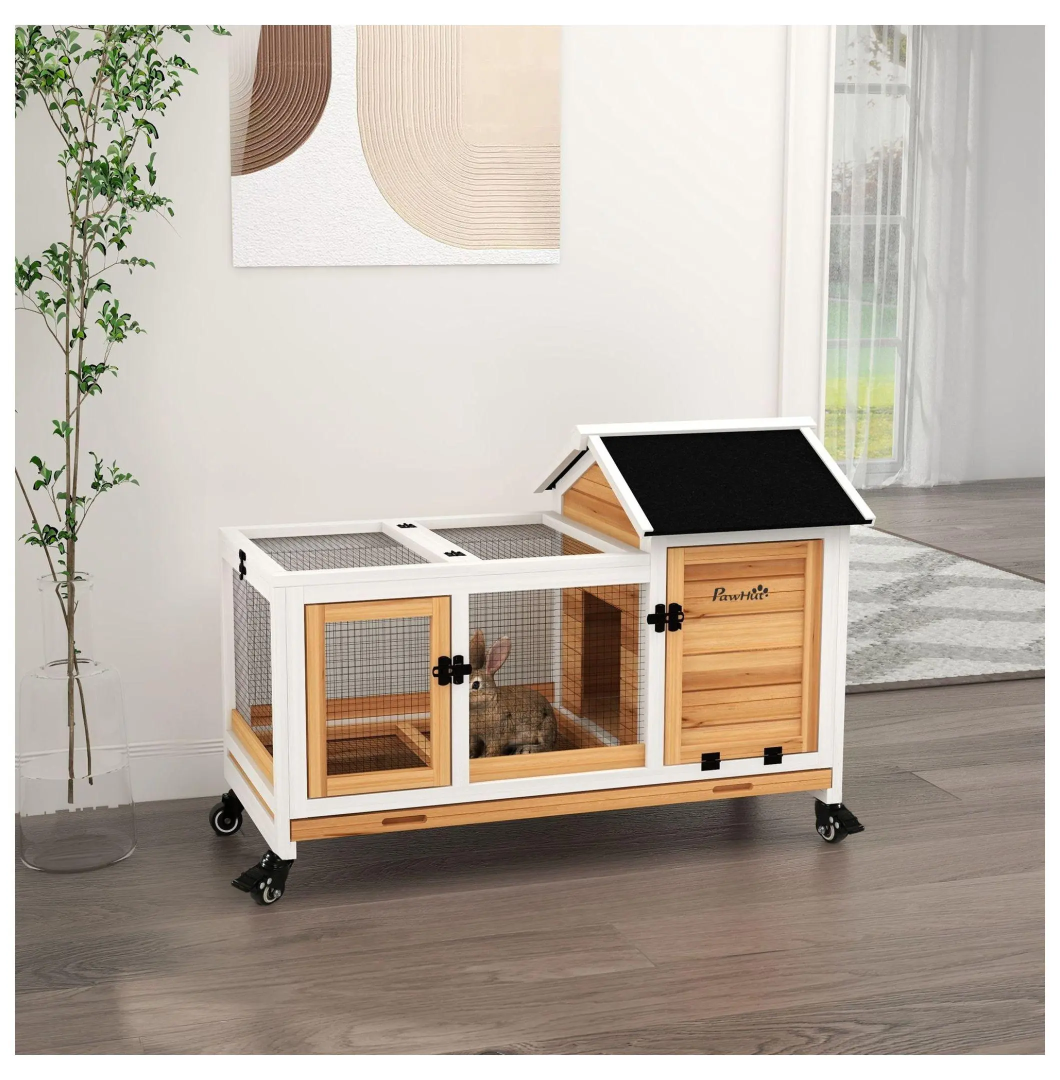 Fir Wood Yellow Rabbit Hutch with Wheels - 42.5x22.8x28.9in, Run, Slide-Out Tray, Ramps, Front Doors, Easy Access - Indoor-Outdoor Animal Hutches for Guinea Pigs