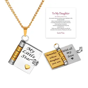 My Little Star Book Necklace for Daughter – Flip Page Pendant with Inspirational Messages, Encouragement Jewelry from Mom or Dad, Meaningful Birthday Graduation or Christmas Gift for Girl