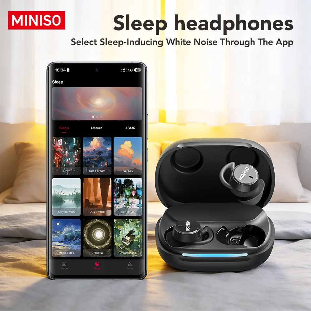 MINISO MS217 Bluetooth Wireless Earbuds Sleep Earphones,Bluetooth 6.0,Noise-Canceling Earphones.Improves sleep quality,Zero pressure on the ears when sleeping on your side,Invisible flat-head earphones,Suitable for travel and side sleepers