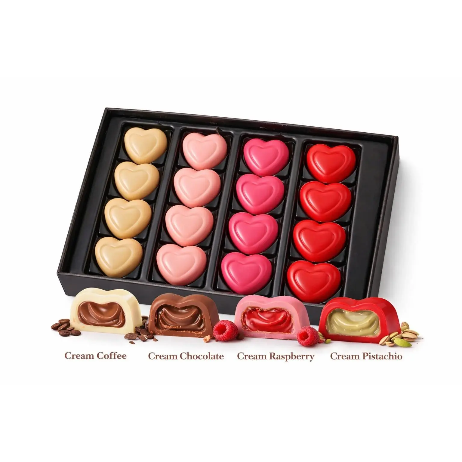 Luxury Heart Shaped Assorted Chocolate Gift Box (16 Pcs) – Gourmet Cream Filled Chocolates with Pistachio, Raspberry, Coffee & Chocolate | Omniya Delicacy