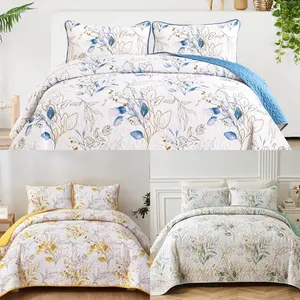 3 Pieces Quilt Set Queen, Reversible Elegant Blue Botanical Leaves Pattern Bedspread Coverlet Soft Microfiber Bed Cover for All Season