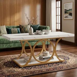Modern 2-Tier Faux Marble Coffee Table 47.24 Inch, Rectangular Cocktail Table with Geometric Metal Legs and Storage Shelf, Stylish Living Room Home Accent Furniture for Small Space