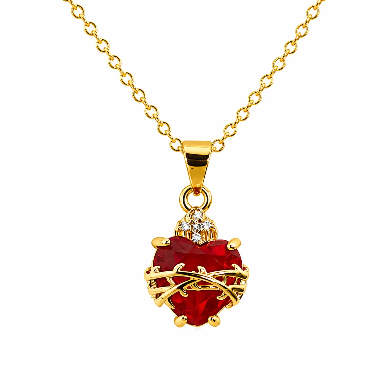 18K Gold Plated Red Cubic Zirconia Sacred Heart of Jesus Necklace For Women Chritian Cross Pendant Necklace Women Jewelry Love Heart Necklace Charm Necklace Heart Design Necklace