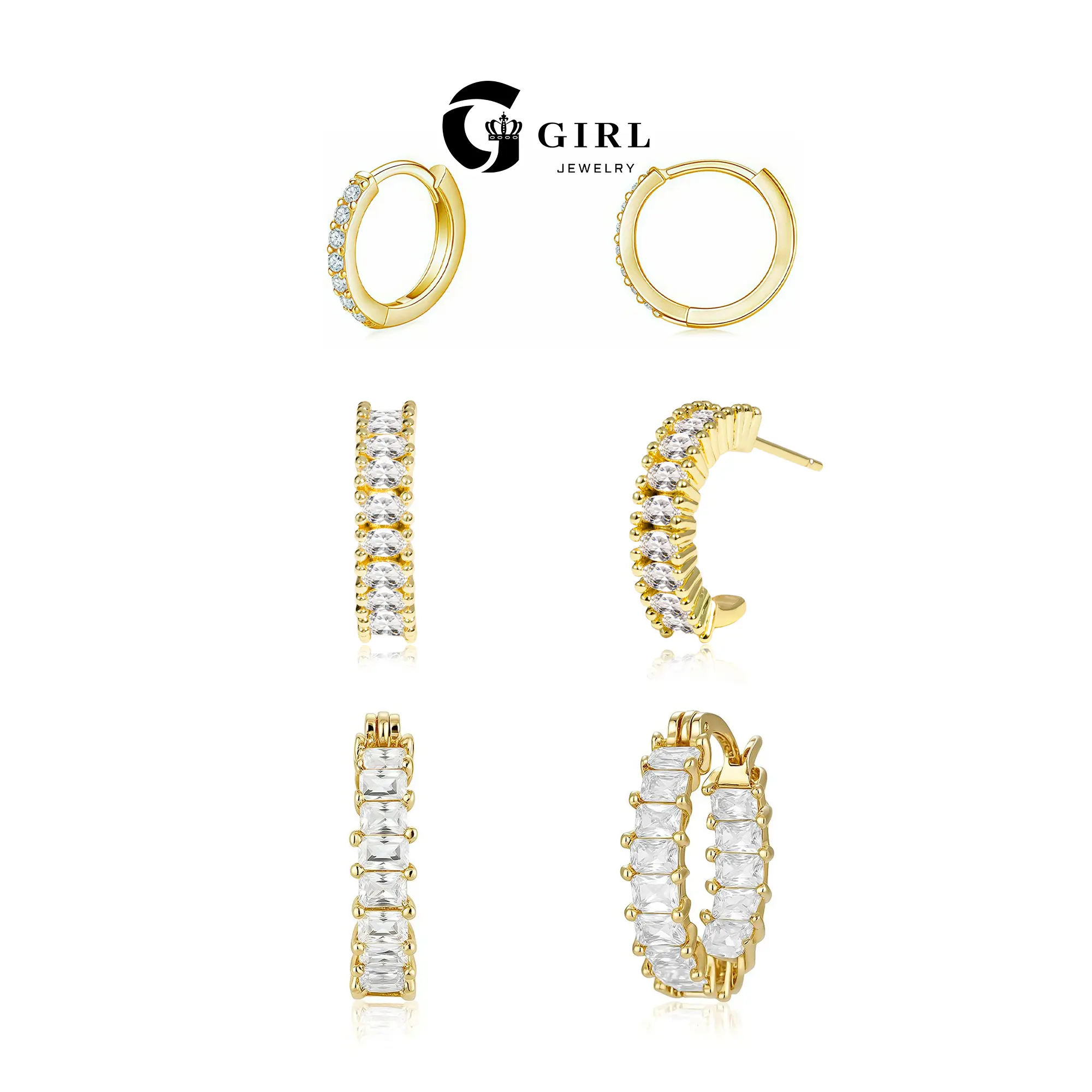 GGIRL 14K Gold-Plated Zirconia Earrings Three-Piece Set Cubic Zirconia Hoop Earrings Set Mini Round and Trapezoidal Zirconia Hoop Earrings Exquisite Women's Jewelry Suitable for Everyday Wear and Holiday Gifts