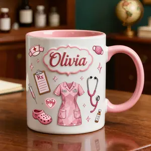 Personalized Nurse Mug 2D Printed 3D Effect Custom Name Coffee Cup Cute Pink Medical Design for RN Nurses Healthcare Workers, Nurse Appreciation Graduation Birthday Gift Idea Coffee mugs, ceramic mugs, custom mugs,printed mugs, gift mugs, everyday mugs
