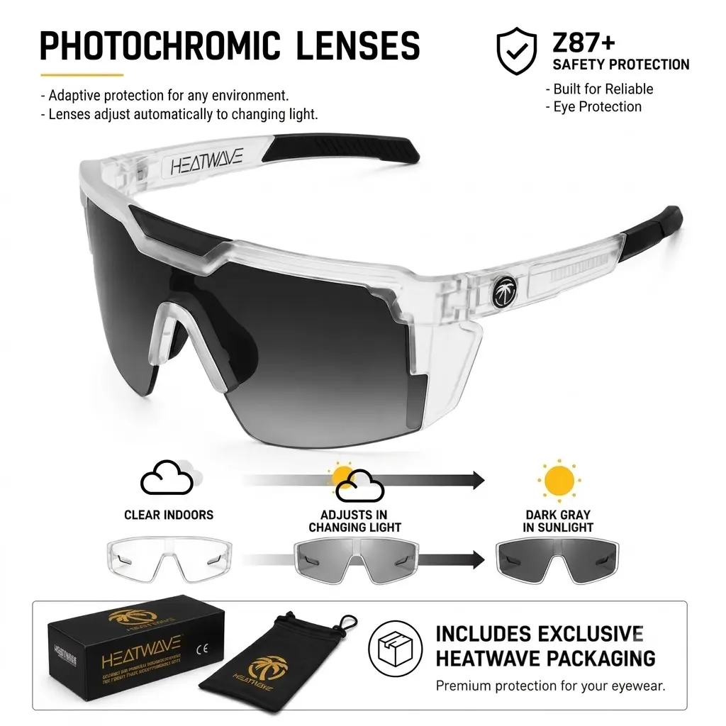 HEATWAVE UV400 Photochromic Sports Sunglasses for Men Women, ANSI Z87+ Certified Clear Frame Transition Cycling Glasses