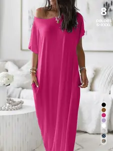 Women's Solid Batwing Sleeve Casual Basic Dress, Loose Fit Comfortable, Ideal for Daily Wear at Home or Outdoors, Best Choice for Summer