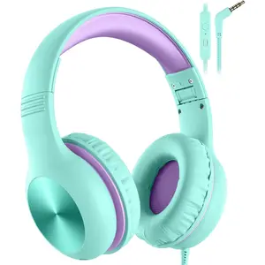 F-HPS14  Kids Headphones with Microphone, Over-Ear Headphones for Kids with Sharing Function, 85dB/94dB Safe Volume Limit, Wired Headphone for Children, Kid Headset for School, Tablet, Travel, Green