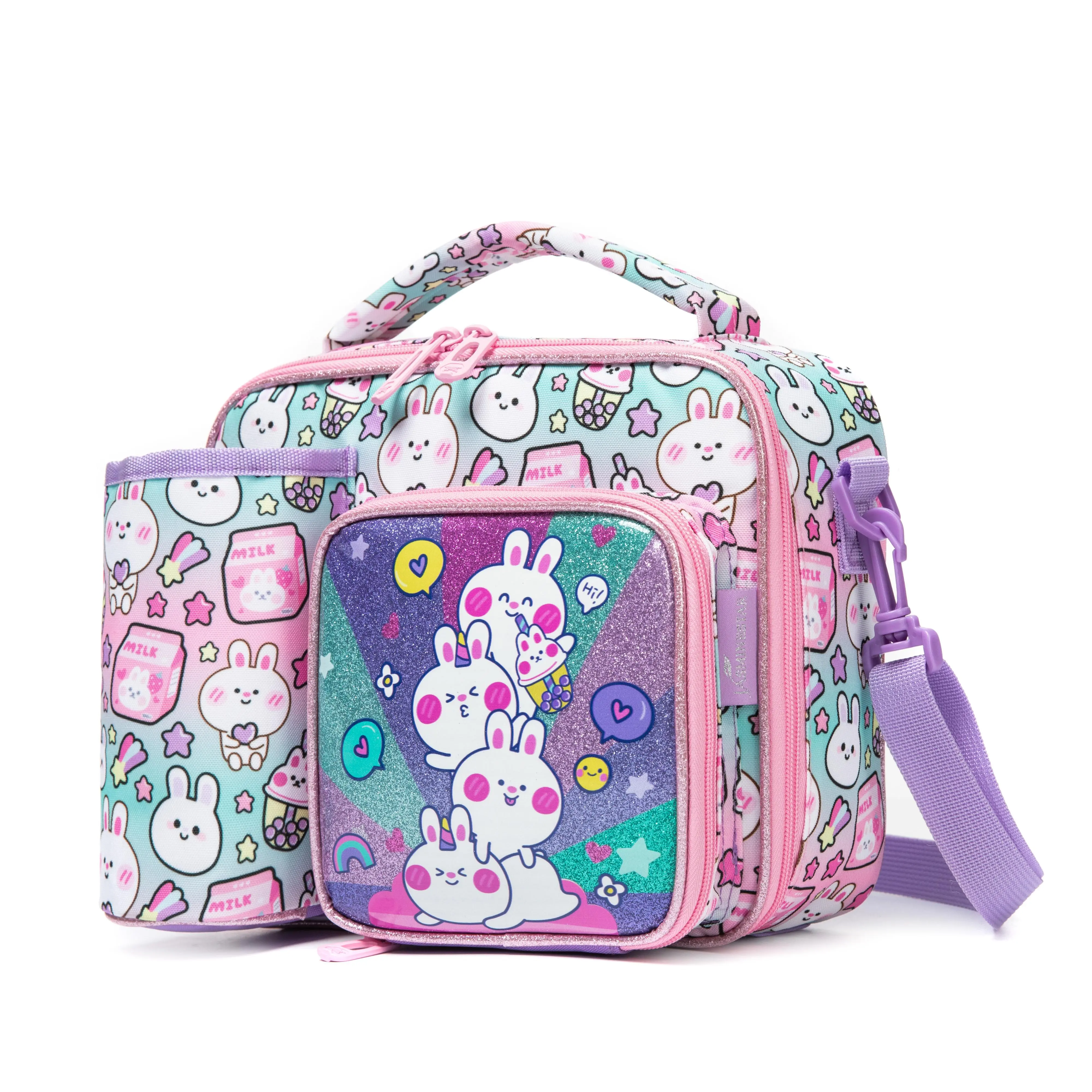 Glitter Bunny Kids Lunch Bag with Water Bottle Holder - Insulated Thermal Lunch Box with Cute Boba Rabbit Milk & Shoulder Strap, Leakproof Reusable School Meal Prep Bag for Girls Toddlers