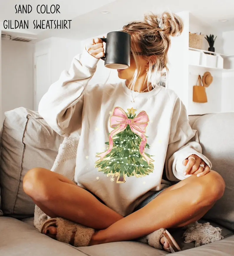 Christmas Tree Bow Sweater, Christmas Sweatshirt for Women, Christmas Tree Tshirt, Christmas Coquette Christmas Sweater