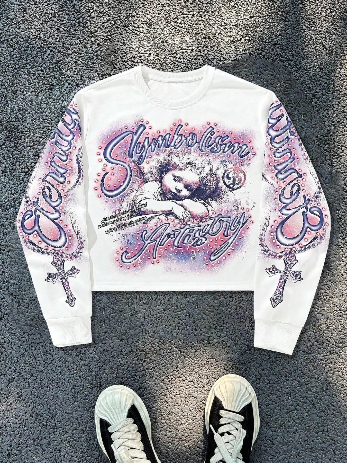 American Street Style Angel Print Round Neck Long Sleeve Hooded Sweatshirt, Trendy Casual Short New Arrival, Unisex Fashion Clothing