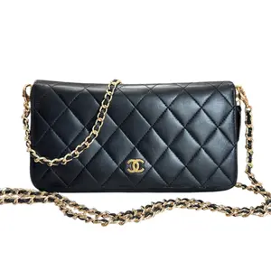Pre-owned CHANEL Lambskin Small Leather Goods Black Quilted GHW Zip Wallet