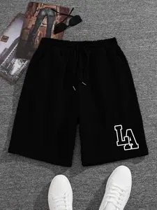 LA Varsity Style Street Theme Black Athletic Shorts, Graphic Print Shorts, Casual Athleisure Shorts, Streetwear Bottoms, Soft Fleece Fabric, Varsity Aesthetic, Loose-Fit, LA Print, Daily Wear, Perfect for Sporty/Street Style Fans