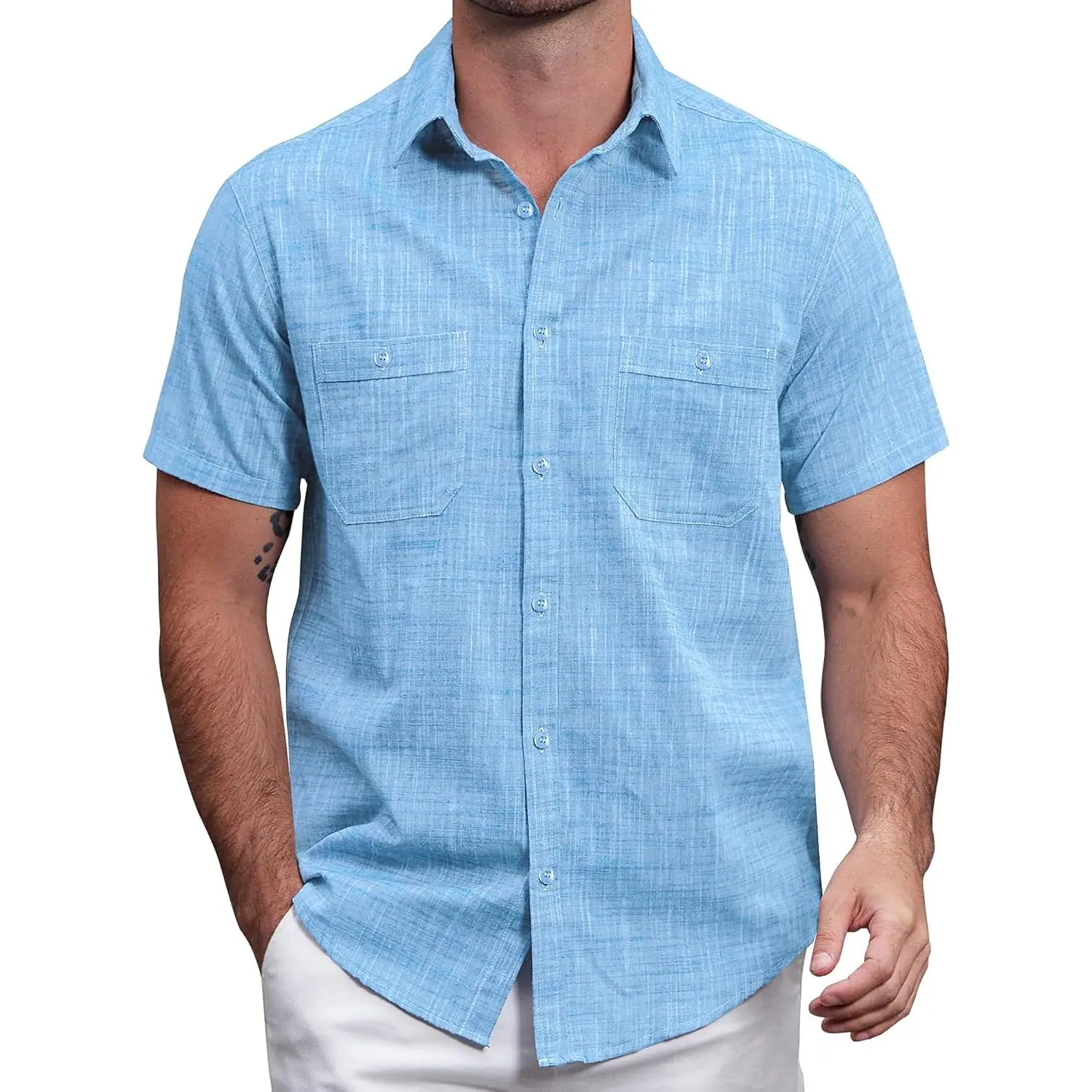 VATPAVE Mens Chambray Shirt Button Down Short Sleeve Shirt Summer Beach Casual Shirts with Two Pockets