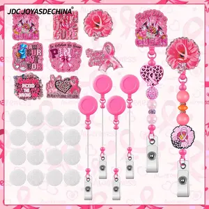 28pcs/56pcs Breast Cancer Awareness Flatback Beaded Retractable Keychain Set, DIY Replaceable Panels, Make Breast Cancer Awareness Decorations