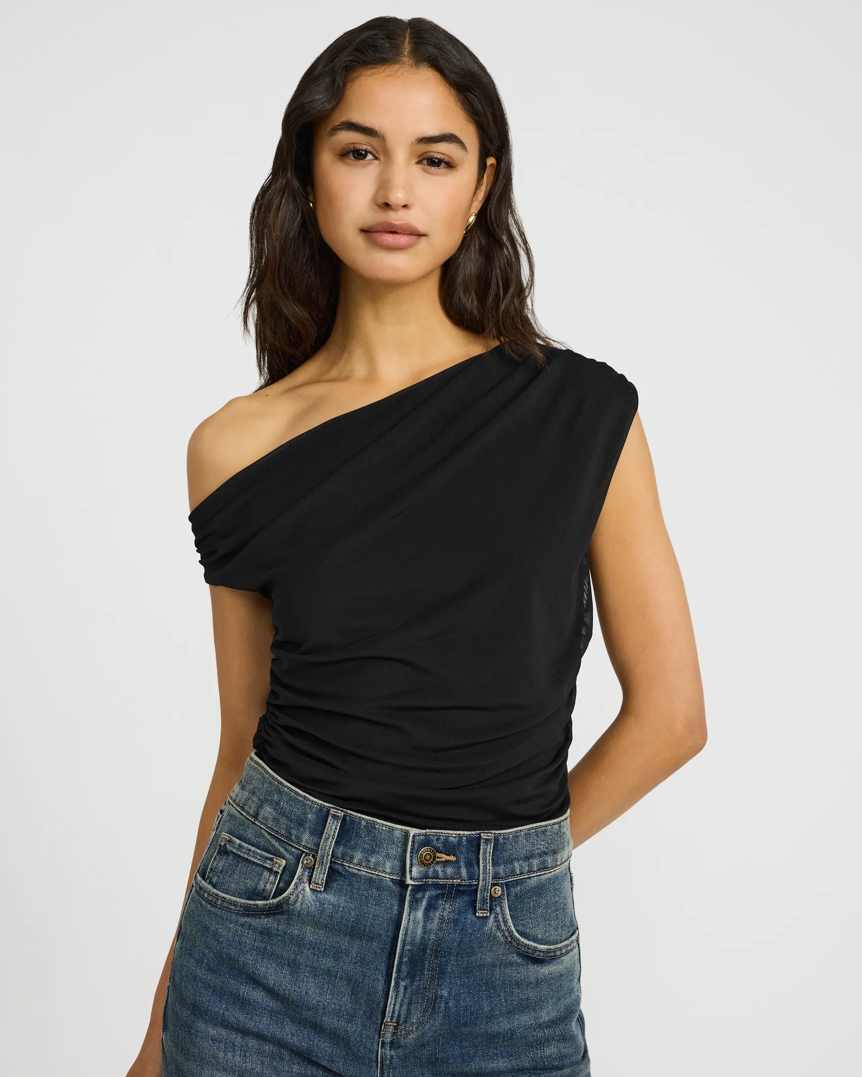 Express Mesh Asymmetrical One Shoulder Ruched Top