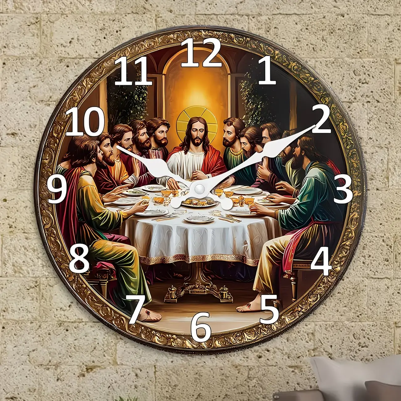 A religious-themed wooden round wall clock, perfect for farmhouse-style home decor, Decorative Clock. It looks great in the kitchen, bedroom, or office. It's easy to read, Silent Analog Clock, doesn't require batteries, and measures 9.8X 9.8inch in size