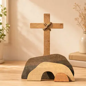 Empty Tomb Easter Decor, Christian Resurrection Scene with Wooden Cross, He Is Risen Jesus Tomb Ornament for Farmhouse Tiered Tray, Mantel & Fireplace