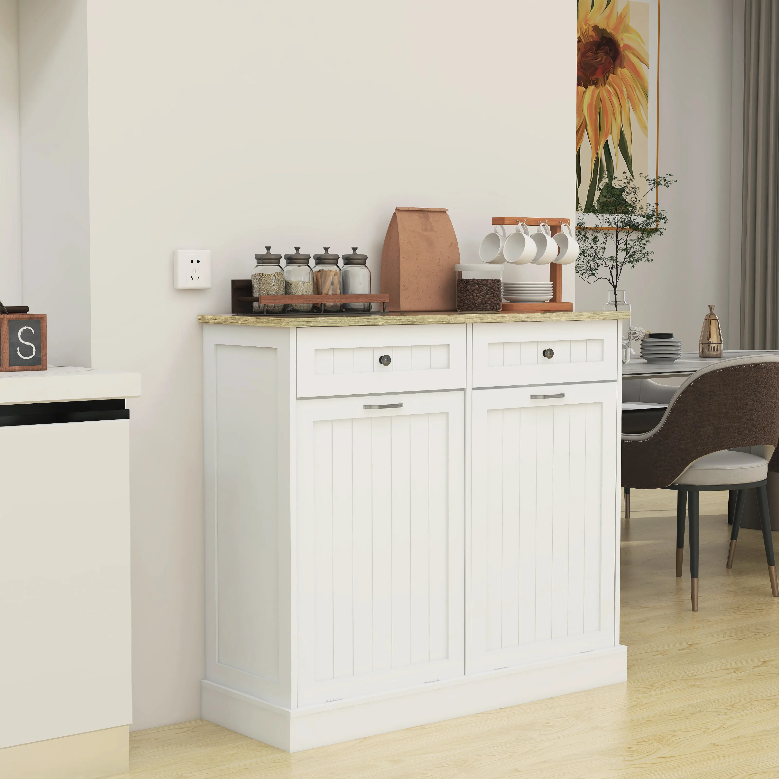 Two Drawers and Two-Compartment Tilt-Out Trash Cabinet Kitchen Trash Cabinet for Kitchen Waste Storage, White, Pull-Out Trash Can Cabinet with Drawers, Under Sink or Counter, 1-Pack, Home Furniture and Household Product Search Terms