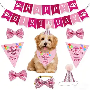 Pet Birthday Party Decorations Set, Includes Banner, Bandana, Hat, Bow Tie, Perfect for Dogs and Cats, Fun Pet Celebration Accessories
