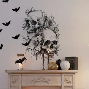 Modern Style Skull & Flower Wall Sticker, Self-Adhesive PVC Skeleton Decal, Gothic Home Decor, Halloween Room Decoration, Non-Electric One-Time Artwork