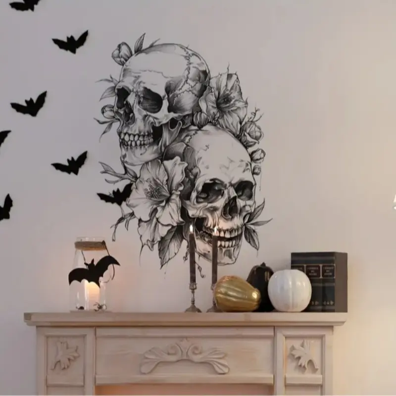 Modern Style Skull & Flower Floral Decorative Wall Sticker, Self-Adhesive PVC Skeleton Decal, Gothic Home Decor, Halloween Room Decoration, Non-Electric One-Time Artwork
