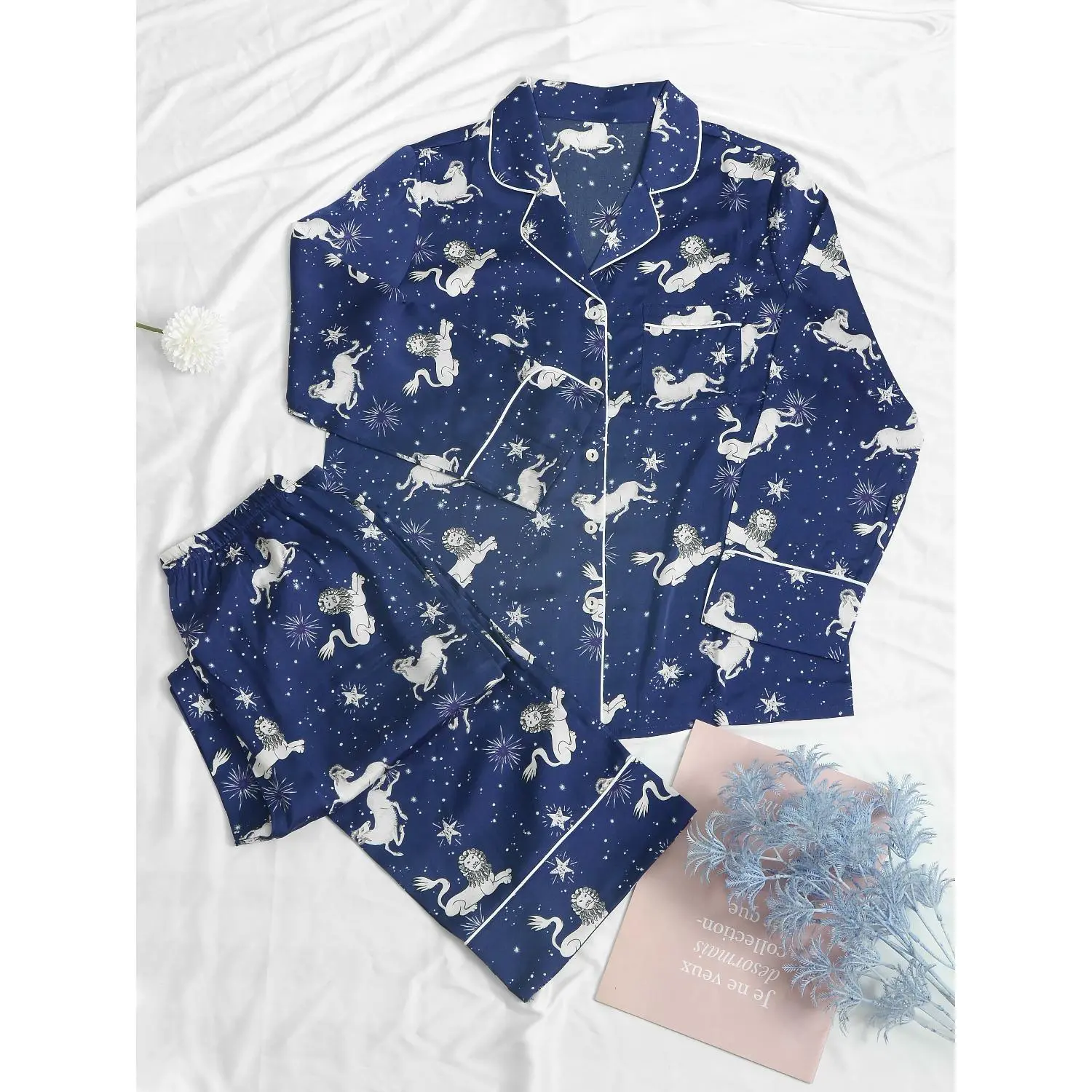 Navy Blue Printed Women's Satin Pajama Set - Cartoon Animal Design, Long Sleeve & Pants, Comfortable Sleepwear for All Seasons