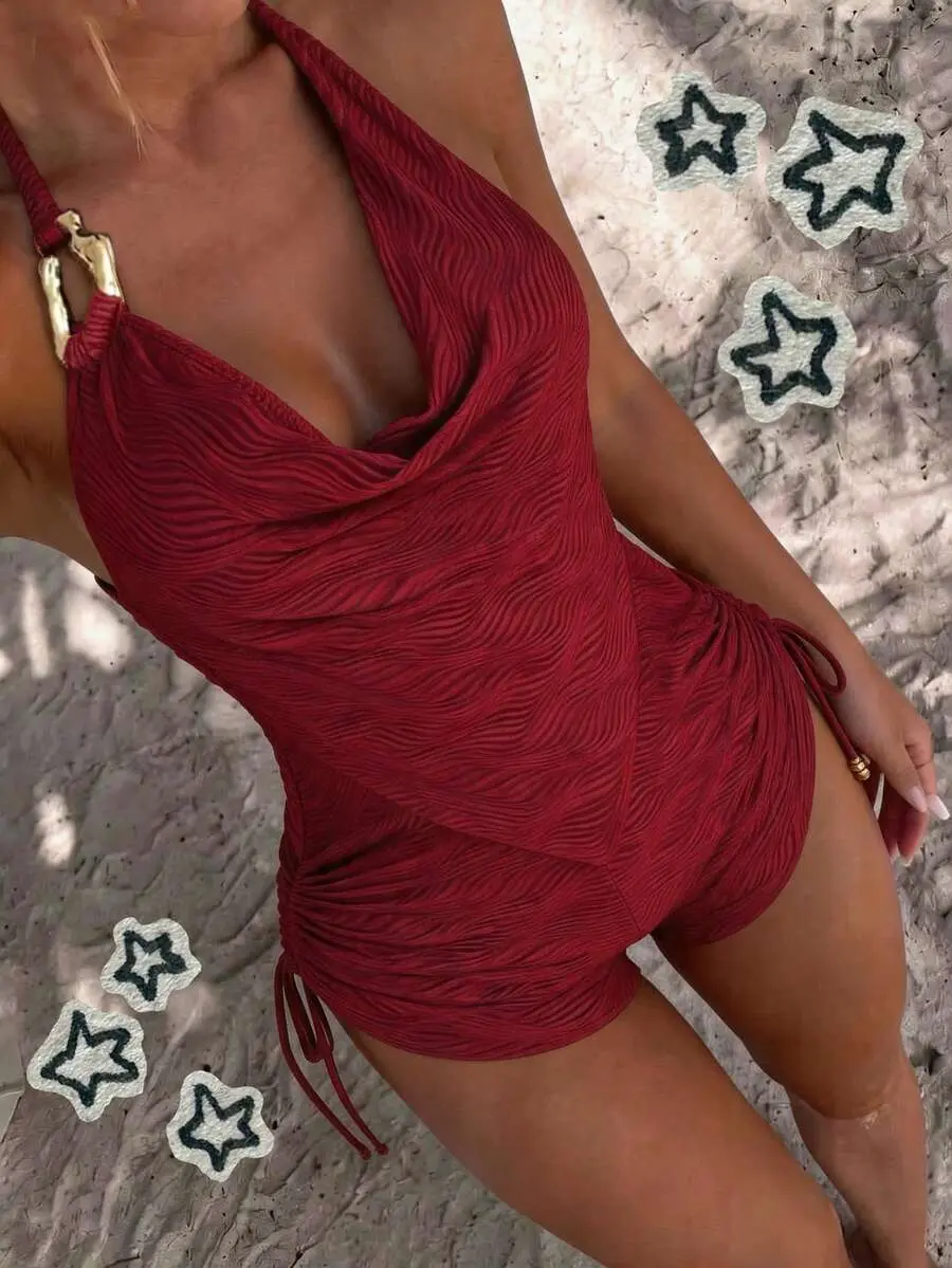 Women's One-Piece Wavy Fabric Burgundy Swimsuit, Suitable For Photo Shoots, Vacation, Spa, Swimming, With Metal Accessories, Fashionable, Elegant, Shorts Design Flattering Figure, Spring/Summer