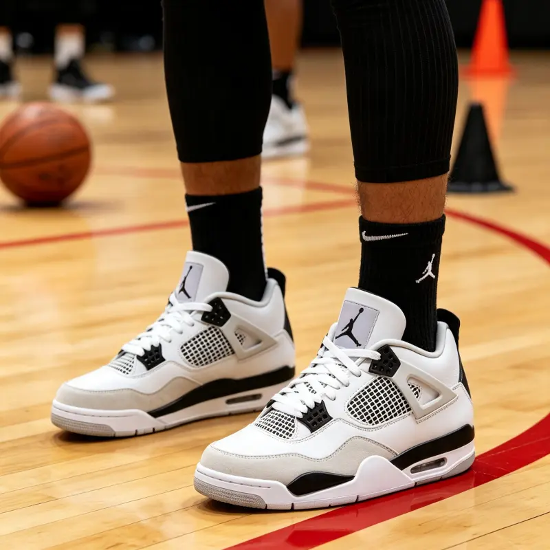 Mid top basketball shoes white leather gray overlay black mesh panel air cushion sole breathable mesh structure retro silhouette unisex streetwear casual sneakers non slip festival outfit aesthetic look