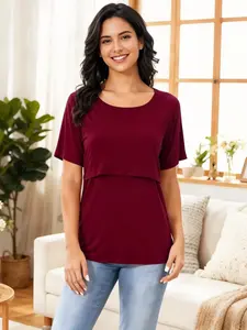 Women's Short Sleeve Nursing Maternity Top, Casual Plain Color Breastfeeding Shirt for Home & Outdoors, Comfortable Mommy Clothing