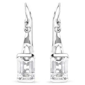 Women's .925 Sterling Silver 3.0 Cttw Emerald Cut White Topaz Solitaire Dangle Earring - AAA Quality