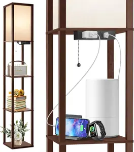Floor Lamp with Shelves, LED Shelf Floor Lamp with USB & Type C Ports, 1 AC Outlet, 3 Color Temperature, Storage Display  Column Tall Standing Lamp for Living Room, Bedroom Office, Walnut