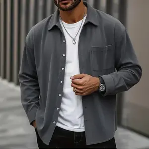 Men's Corduroy Button-Down Menswear Top, Casual Longsleeves Plain Shirt Jacket with Pocket, Soft & Breathable