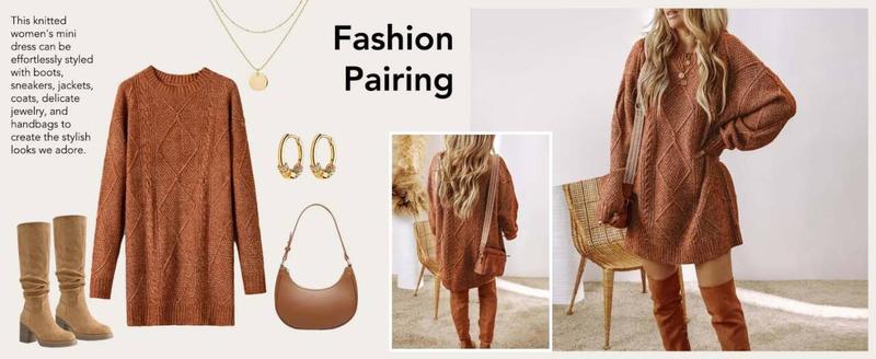 ChicMe 2026 Women's Round Neck Long Sleeve Sweater Dress Casual Loose Fit Cable Knit Pullover Mini Dress