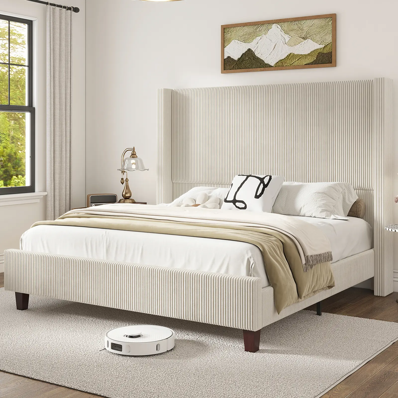 AMERLIFE 61" Corduroy Platform Bed Frame, Upholstered Bed with Vertical Stripe Wingback Headboard/No Box Spring Needed/Solid Wood Legs,Best Gift Ideas/Christmas Gifts