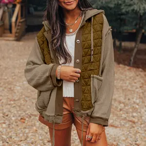 Jungle Green Quilted Textured Patchwork Loose Fit Hooded Jacket