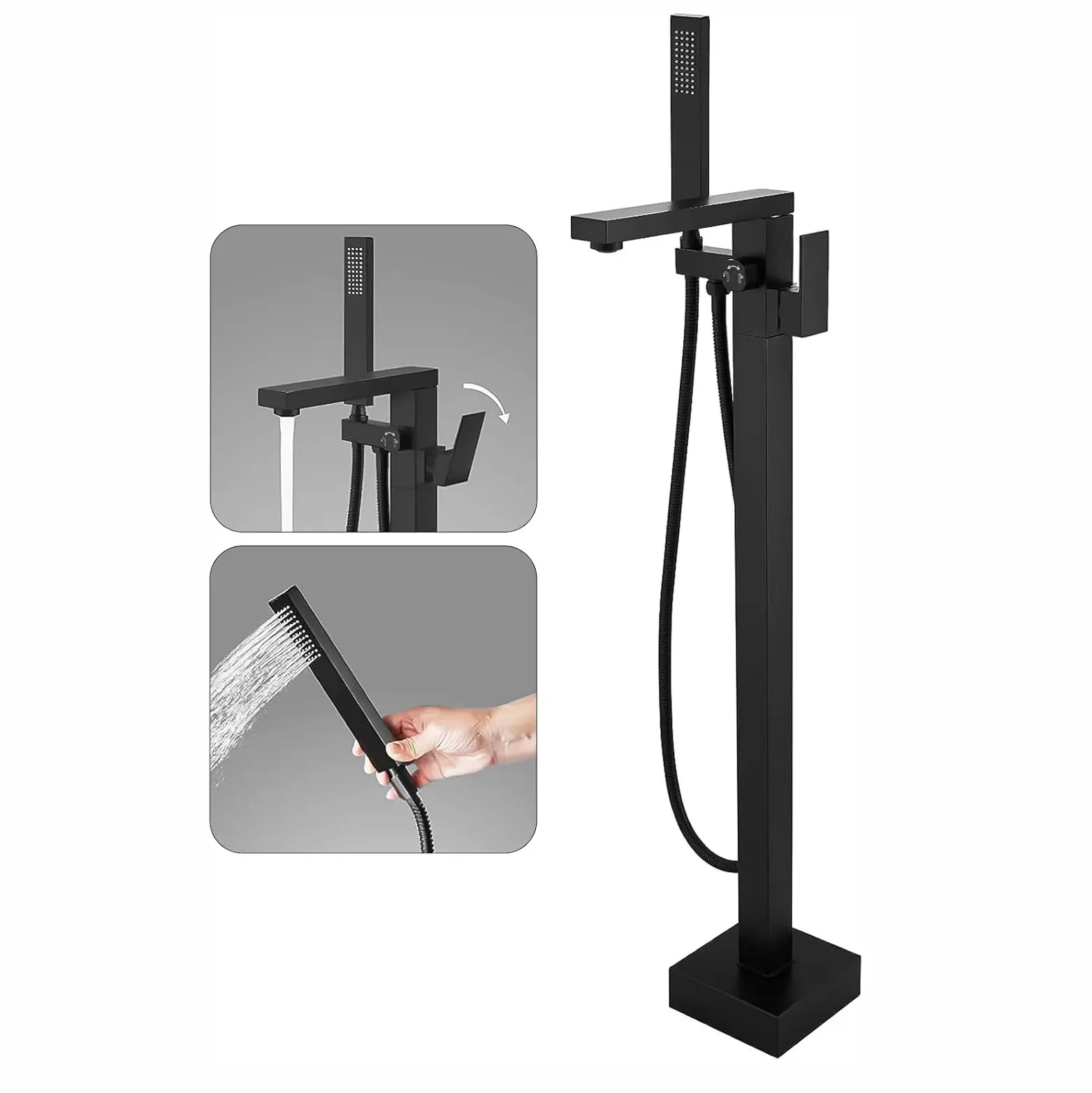 Matte Black Modern Floor-Mount Tub Faucet Set - Brass Body, Flush Install with Base Cover Plate, Single-Handle, High-Flow Dual-Mode Handheld Showerhead, Curved Surfaces, Fluid Lines, Stainless Steel Resistant Freestanding Bathroom Tap