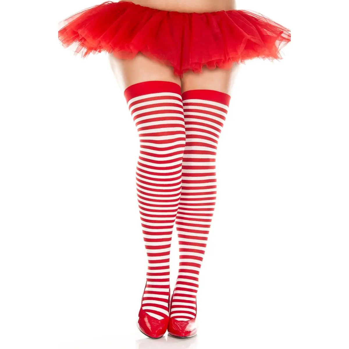 Music Legs 4741Q-RED-WHITE Plus Size Striped Thigh High Stockings, Red & White
