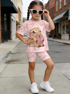 Dopamine Girl Capybara Short Sleeve Cycling Pants Set, Kids Active Casual Streetwear Two-Piece, Fun and Comfortable