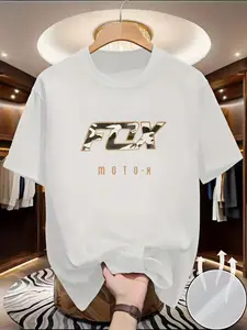 Men's Fox Moto X Logo Design Print Casual Streetwear Summer Outdoor Wear, Loose-Fitting Long Sleeve T-Shirt Without Collar and Zipper