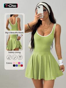 women's solid contrast trim backless sports dress, high stretch sporty comfortable breathable anti-exposure sports dress with built-in pocket, ladies sportswear for all seasons, tennis dress