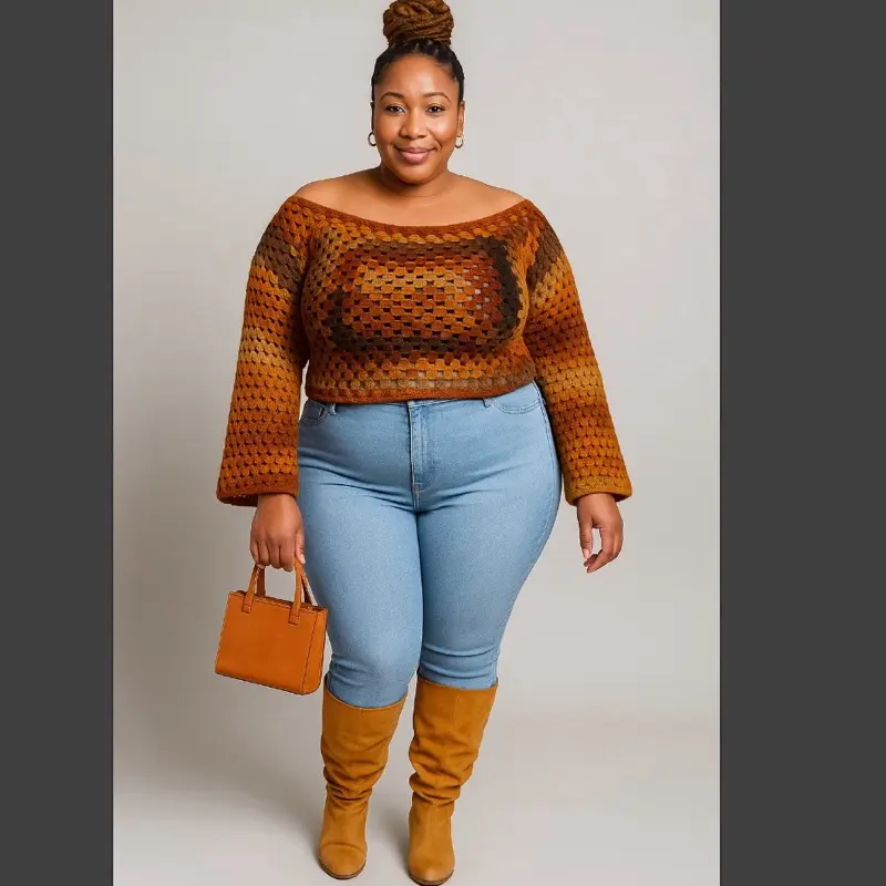 Handmade Crochet Off-Shoulder Sweater – Plus Size Friendly