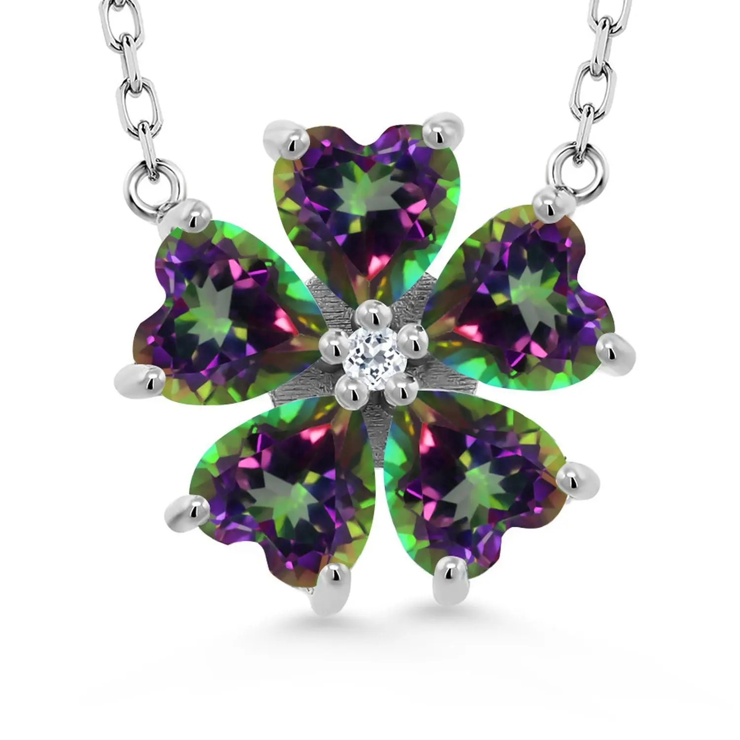 Gemstone Birthstone and White Topaz Flower Pendant Necklace for Women | 925 Sterling Silver | Heart Shape 6MM Petals and Round 2MM Center | With 18 Inch Chain | Fine Jewelry for Her Mom Wife