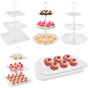 SHUESS 10 Pack White Plastic Dessert Table Stand, 4 Pcs 3 Tier Cupcake Display Stands, Cookie Tray Rack & Serving Tower for Birthday Parties