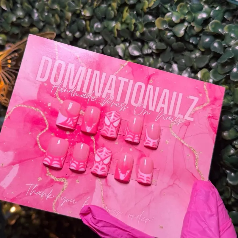 10Pc Dominationailz Pink Spidey Press-On Shortie Set Easy Application Reusable