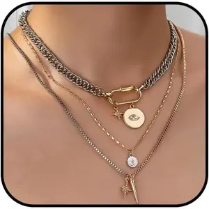 Layered Mixed Metal Necklace for Women Silver and Gold Two Tone Necklace Chunky Paperclip Coin Pendant Necklace Stack Trendy Statement Jewelry